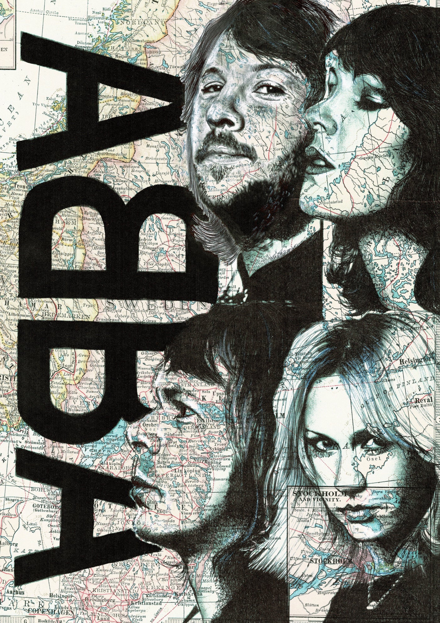 Abba by The Art of the North" from fap is a bold art print with a collage of four black-and-white faces over a map and "ABBA" in large black letters, all on smooth satin paper.