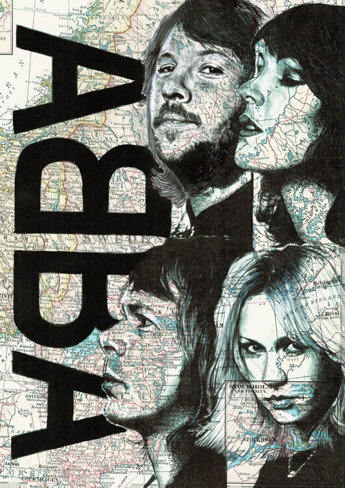 Abba by The Art of the North" from fap is a bold art print with a collage of four black-and-white faces over a map and "ABBA" in large black letters, all on smooth satin paper.