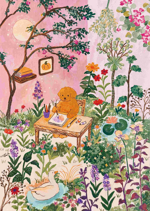 Small Room Big Imagination by Mosla from Blue Dog Posters features a fluffy brown dog painting at a desk in a colorful garden under a pink sky and moon. This art print is on high-quality satin paper—perfect for brightening any artist's studio.