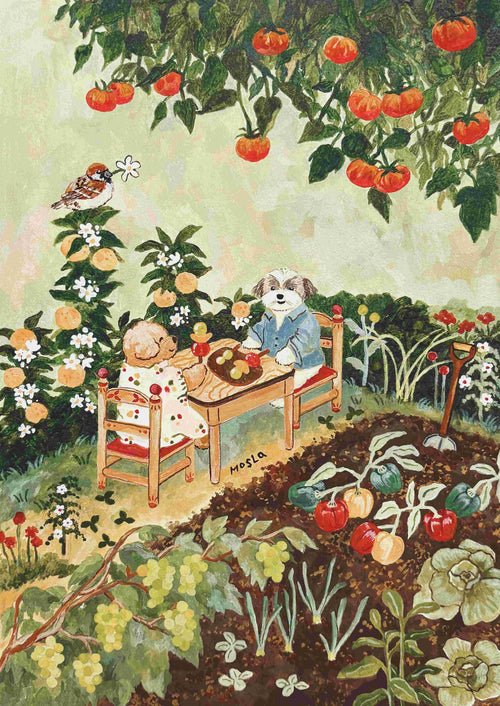 A bear and a rabbit share a feast at a flower-filled table in this lush garden scene, joined by a bird—"Candied Fruit Skewers by Mosla," an art print on satin paper from Blue Dog Posters.
