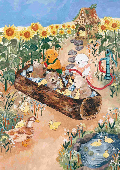 Babysitting by Mosla" from Blue Dog Posters features teddy bears and puppies bathing ducklings among sunflowers, with a fairy-tale house in the background. Available as a high quality satin paper art print.