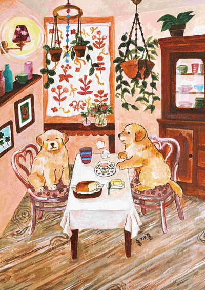 Add warmth to your space with "A Cup of Tea & Buttered Bread by Mosla" from Blue Dog Posters—an art print on premium Satin Paper featuring two golden retrievers sharing tea and bread in a cozy, plant-filled room.