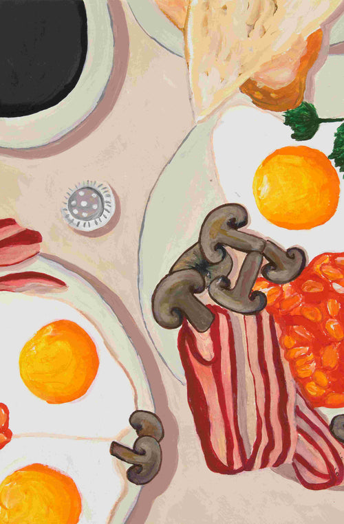 Big Brekkie by Vanessa Franklin from Blue Dog Posters showcases a vibrant breakfast scene with eggs, bacon, mushrooms, beans, toast, and coffee on satin paper—part of the Featured Artist Collection.
