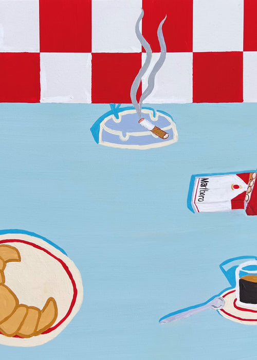 The OG French Breakfast Vanessa Franklin by Blue Dog Posters features a blue tabletop with a croissant, coffee, and Marlboro cigarettes against a red and white checkered wall. Part of the Featured Artist Collection, printed on high quality satin paper.