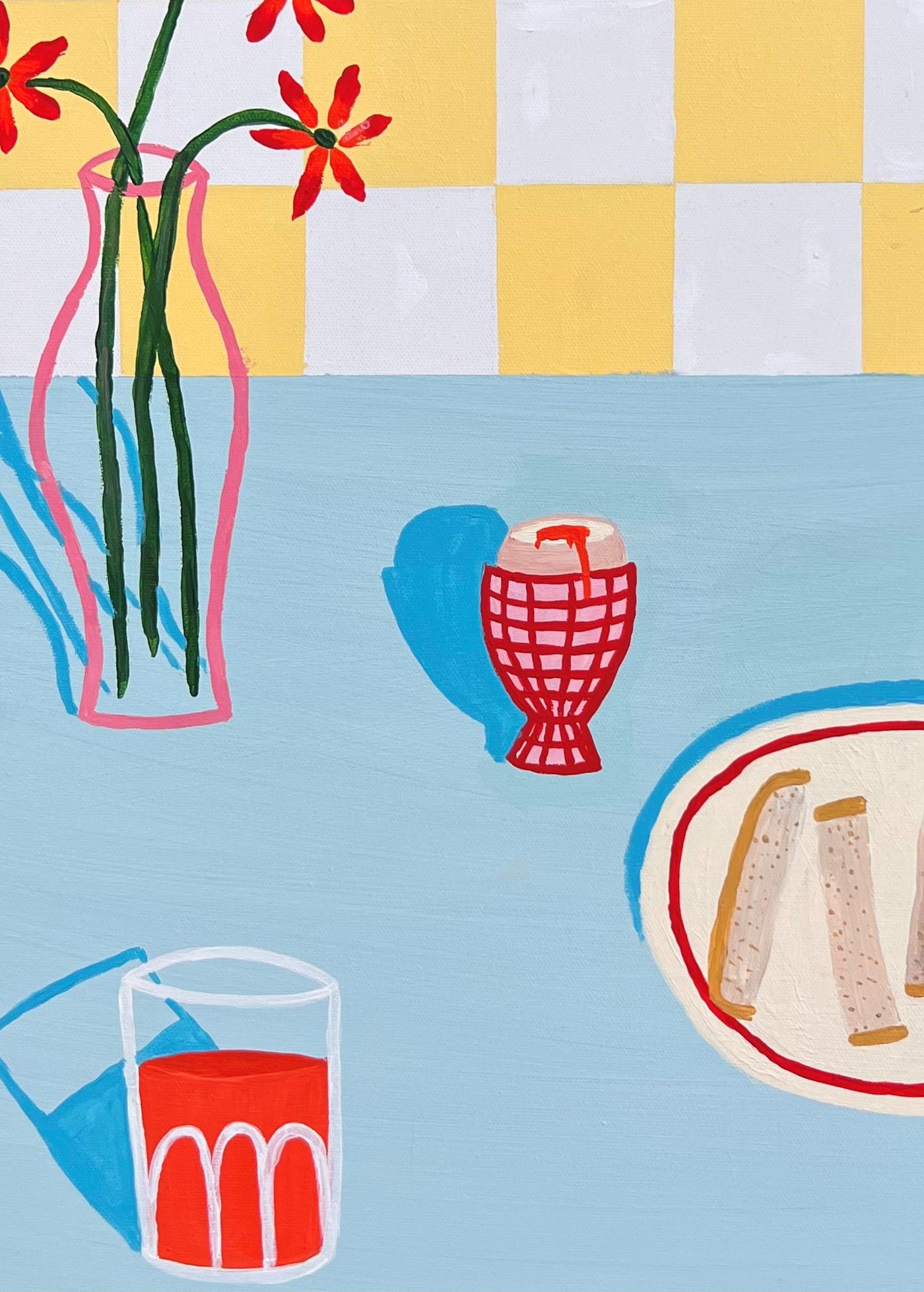 The "Dippy Eggs & Soldiers Vanessa Franklin" art print by Blue Dog Posters shows a pink vase with red flowers, a glass of red drink, a red egg cup with a soft-boiled egg, and breadsticks on a yellow and white checkered background.