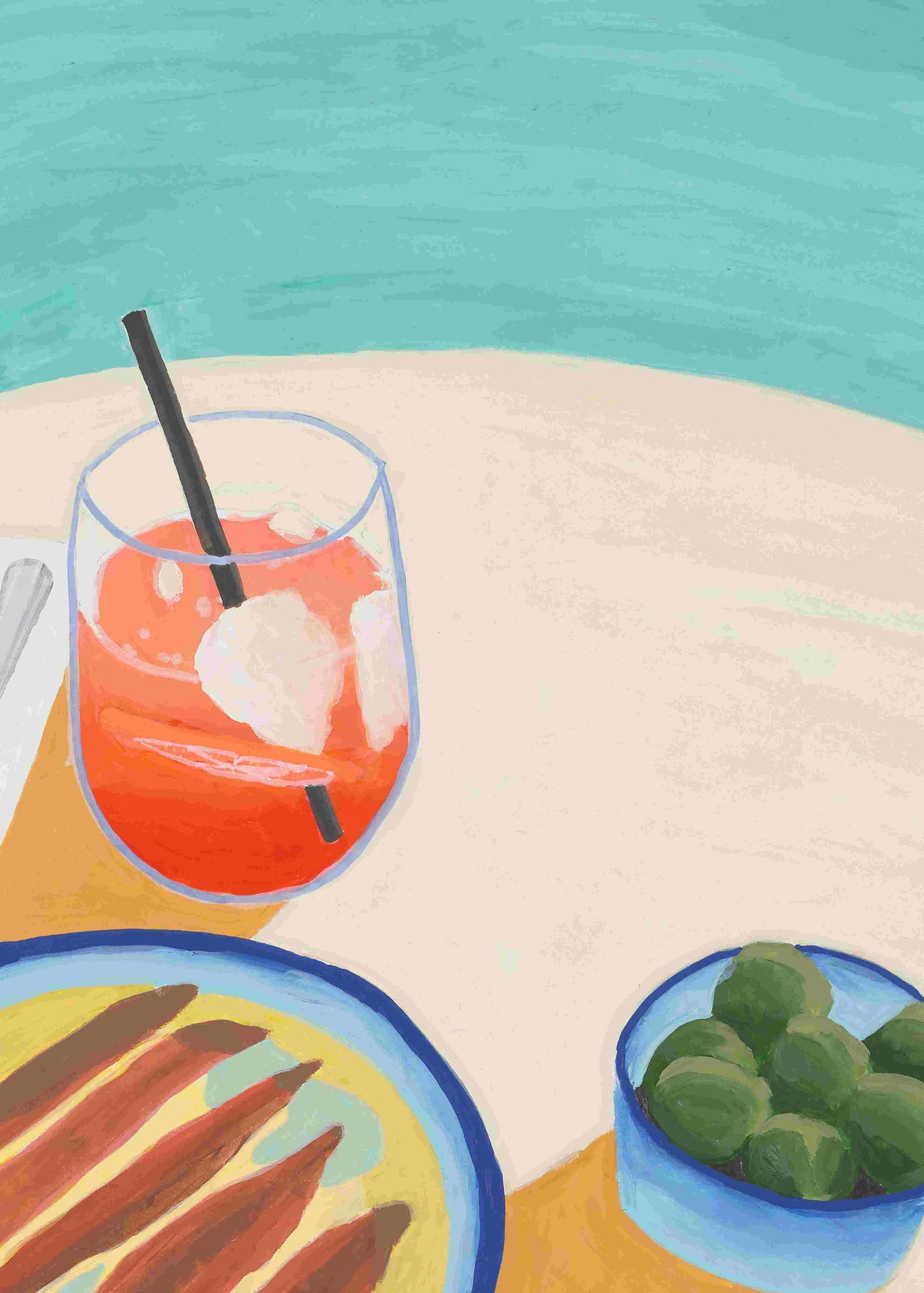 Aperitivo Hour by Vanessa Franklin, from Blue Dog Posters’ Featured Artist Collection, is a colorful art print of a waterside table with an orange drink, ice and straw, food with sauce, and green olives.