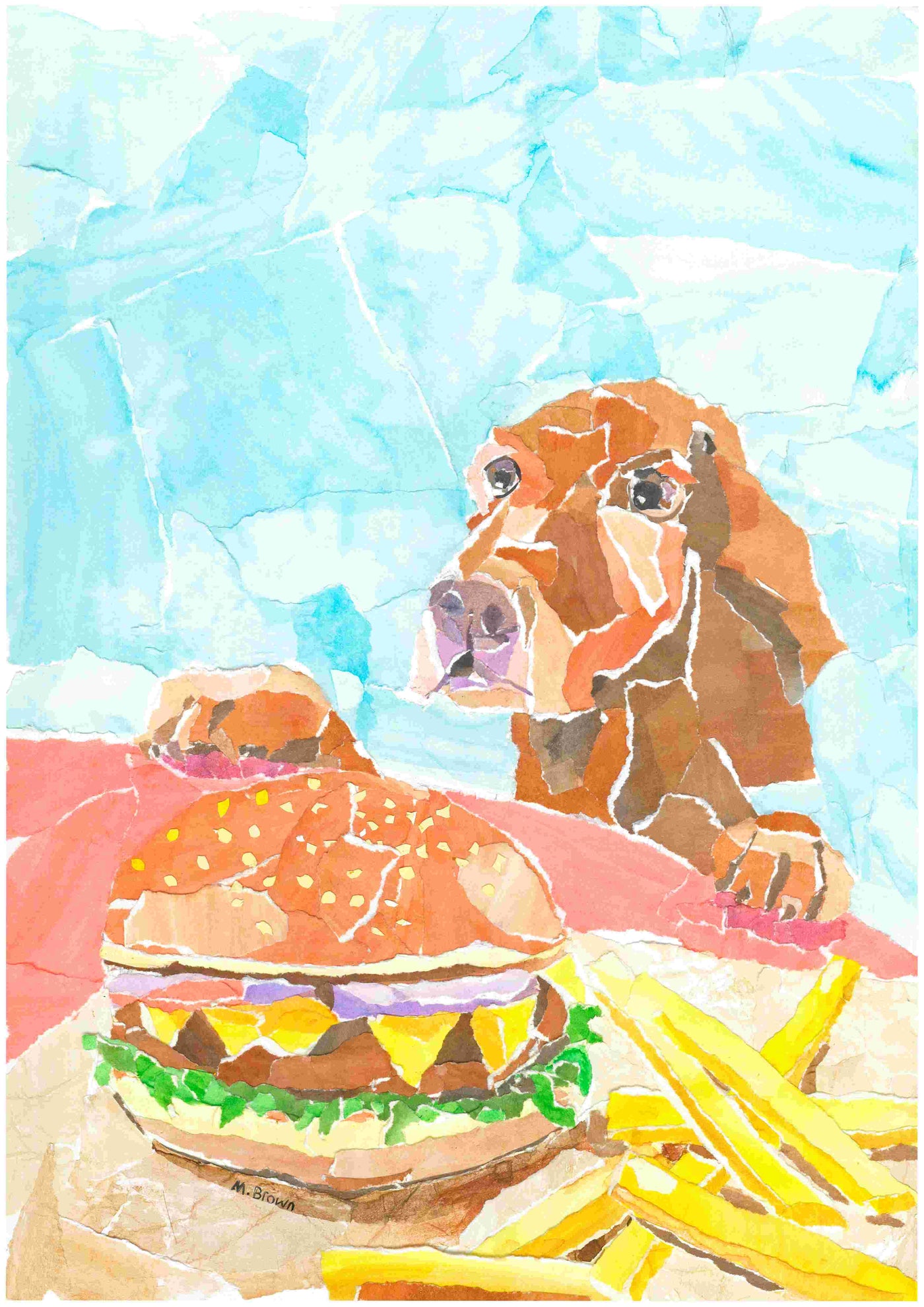 A brown dog with droopy ears eyes a cheeseburger and fries on a table in "Burger Night" by Melanie Brown. This standout Blue Dog Posters art print features a light blue backdrop and torn paper collage style from the Featured Artist Collection.