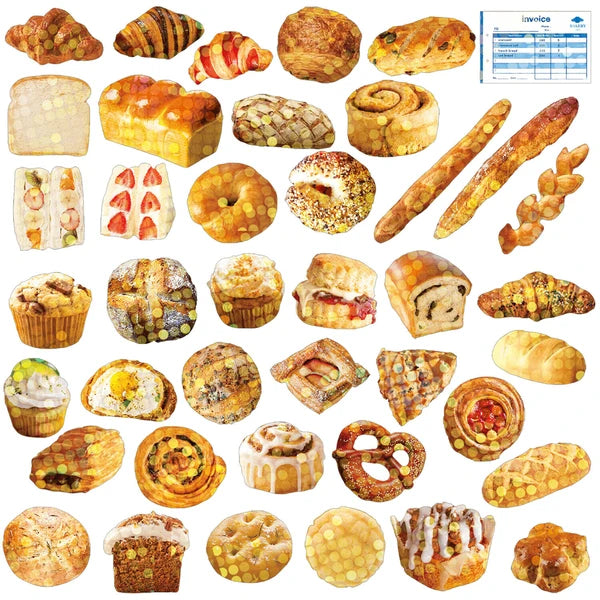 A selection of breads, croissants, rolls, pretzels, and desserts arranged on a white background with an invoice and a Japanese Mini Sticker Box Bakery by Blue Dog Posters in the top right corner.