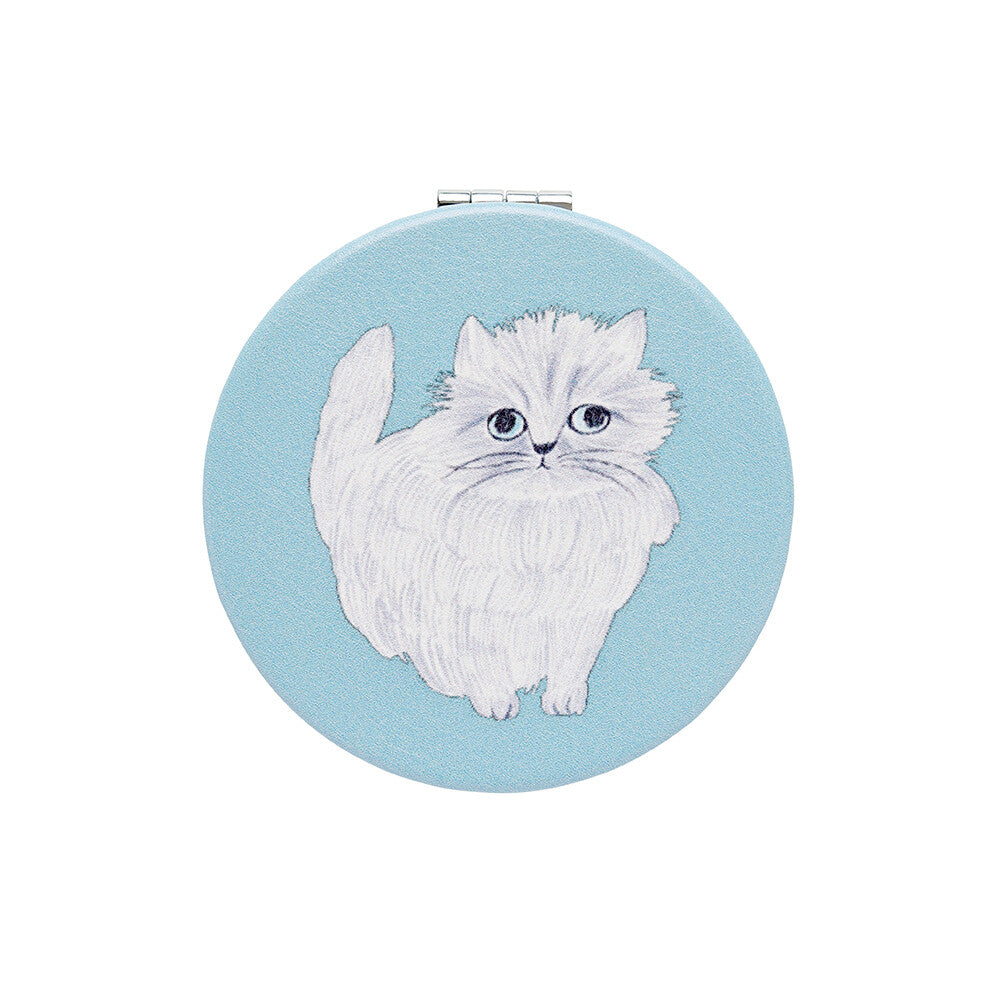 Round Compact Mirror White Cat on Blue