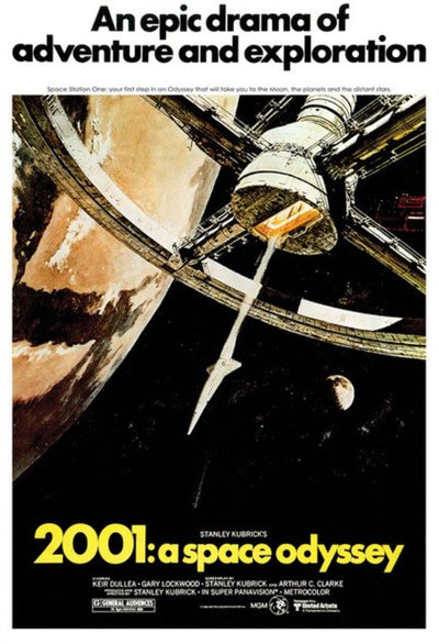 Poster for "2001 A Space Odyssey" featuring a large space station orbiting a planet with a spaceship approaching. Printed on premium 150gsm gloss paper, the tagline "An epic drama of adventure and exploration" is at the top, and the title is prominently displayed at the bottom. Brought to you by MTV 113.