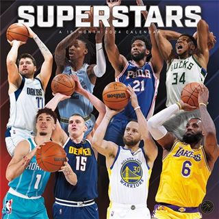 The NBA Superstars 2024 Square Wall Calendar by Blue Dog Posters features a collection of eight professional basketball players in action poses on its cover. These players are depicted in their uniforms, representing teams such as the Dallas Mavericks, Milwaukee Bucks, and Los Angeles Lakers. This calendar spans 16 months, making it a perfect addition for dedicated fans.