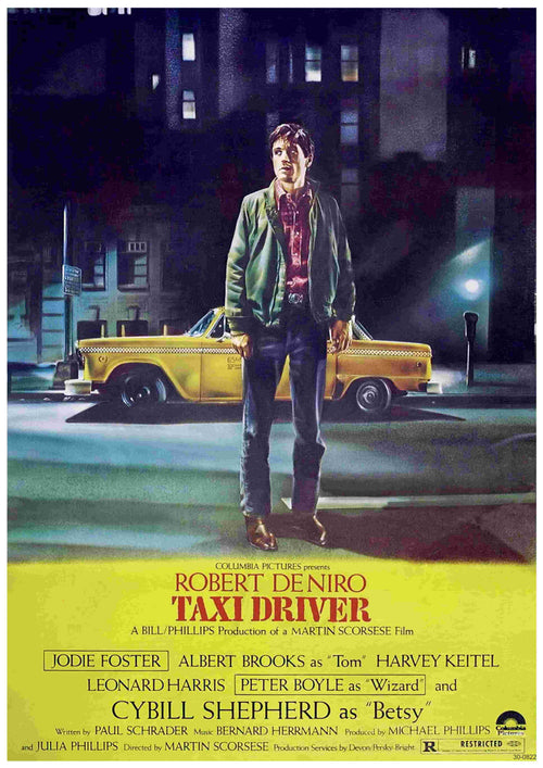 Taxi Driver One Sheet by MTV 123—a cult movie poster showing a man in a brown jacket before a yellow taxi at night with glowing city lights and buildings. Part of our Movies & TV Collection; cast and credits below.