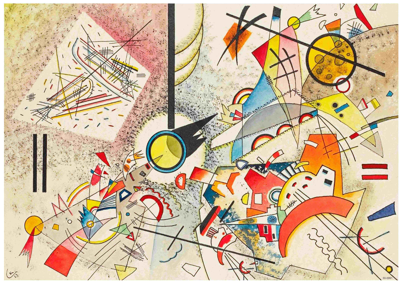 The Kandinsky - Ohne Titel 1923 by Blue Dog Posters features an abstract painting with a busy composition of geometric shapes, lines, and vibrant colors. The artwork displays a dynamic interplay of forms, including circles, triangles, angles, and varied textures. It is available as an A3 Classic Art Poster printed on high-quality 250gsm Satin Paper.