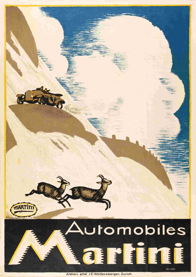 A vintage advertisement poster by Blue Dog Posters showcases an Automobiles Martini car navigating a steep, mountainous road, with two ibex or mountain goats in the foreground. The text "Automobiles Martini" is prominently displayed at the bottom in bold letters.