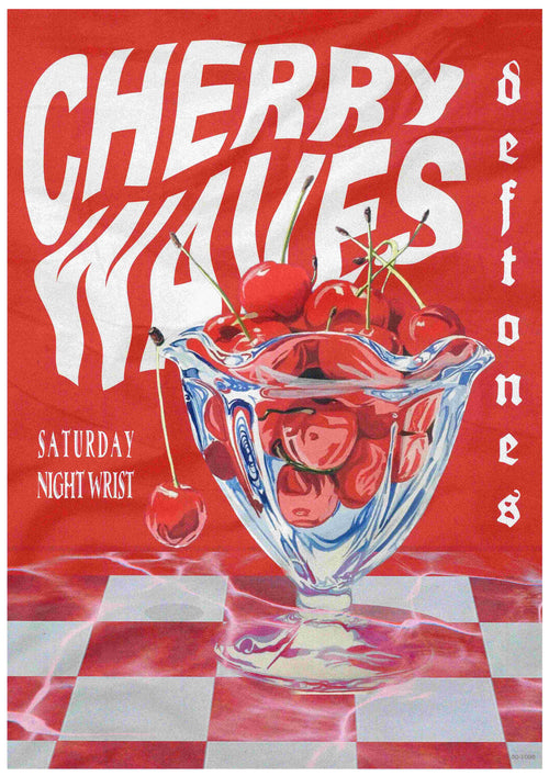 A Blue Dog Posters vintage-style design showcases a glass bowl of cherries on a red and white checkered surface, featuring bold "Deftones - Cherry Waves" text with the words "Saturday Night Wrist" against a red background.