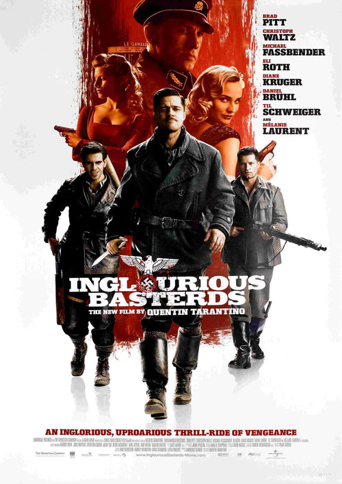 A3's "Inglorious Bastards" poster displays three rugged men walking confidently, with a woman and man in uniforms in the background. The title and cast names stand out amid a red and white color scheme.