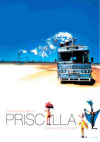 A silver bus labeled "Priscilla" crosses a desert under blue skies and flowing fabric as three costumed performers stand beside the film title “Priscilla Queen of the Desert” by A3.