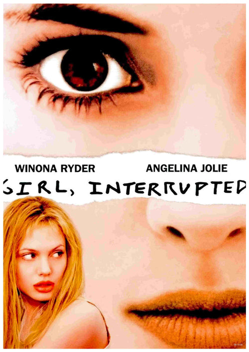 A3’s "Girl Interrupted" poster showcases a close-up of a woman’s eye over the torn title, another face behind, and Angelina Jolie’s character highlighted in color—an impactful piece for fans of A3 posters.