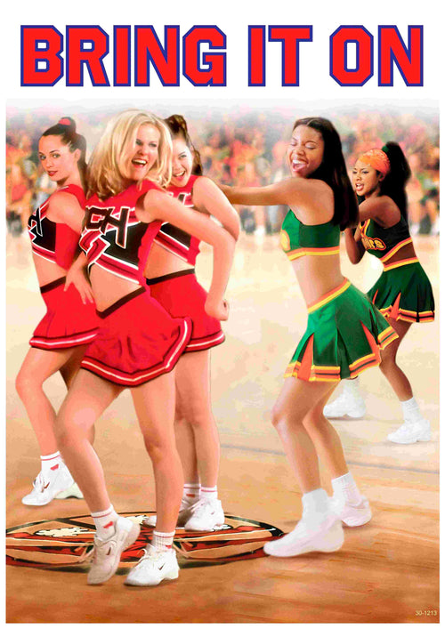 Four cheerleaders in red and green uniforms pose and smile on a basketball court under bold "Bring It On" text. This vibrant A3 poster pops on satin paper, perfect for cult movie fans. A blurred crowd adds energy to the scene. Brand: A3.