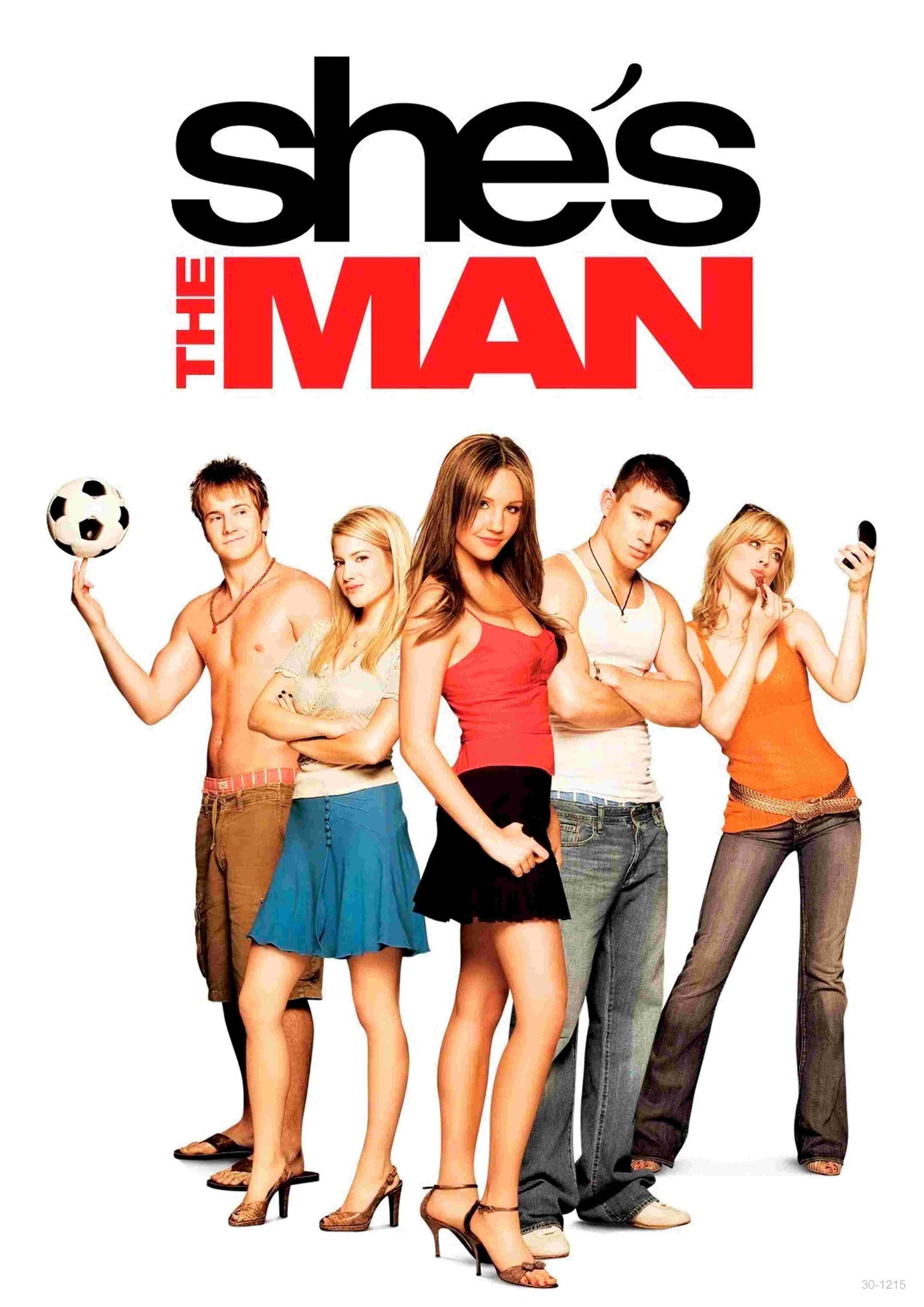 Five young adults pose confidently before the "She's the Man" cult movie poster. One holds a soccer ball, another uses a mirror—their trendy style suggests teen comedy. Ideal as an A3 satin paper poster from Brand Name: A3.