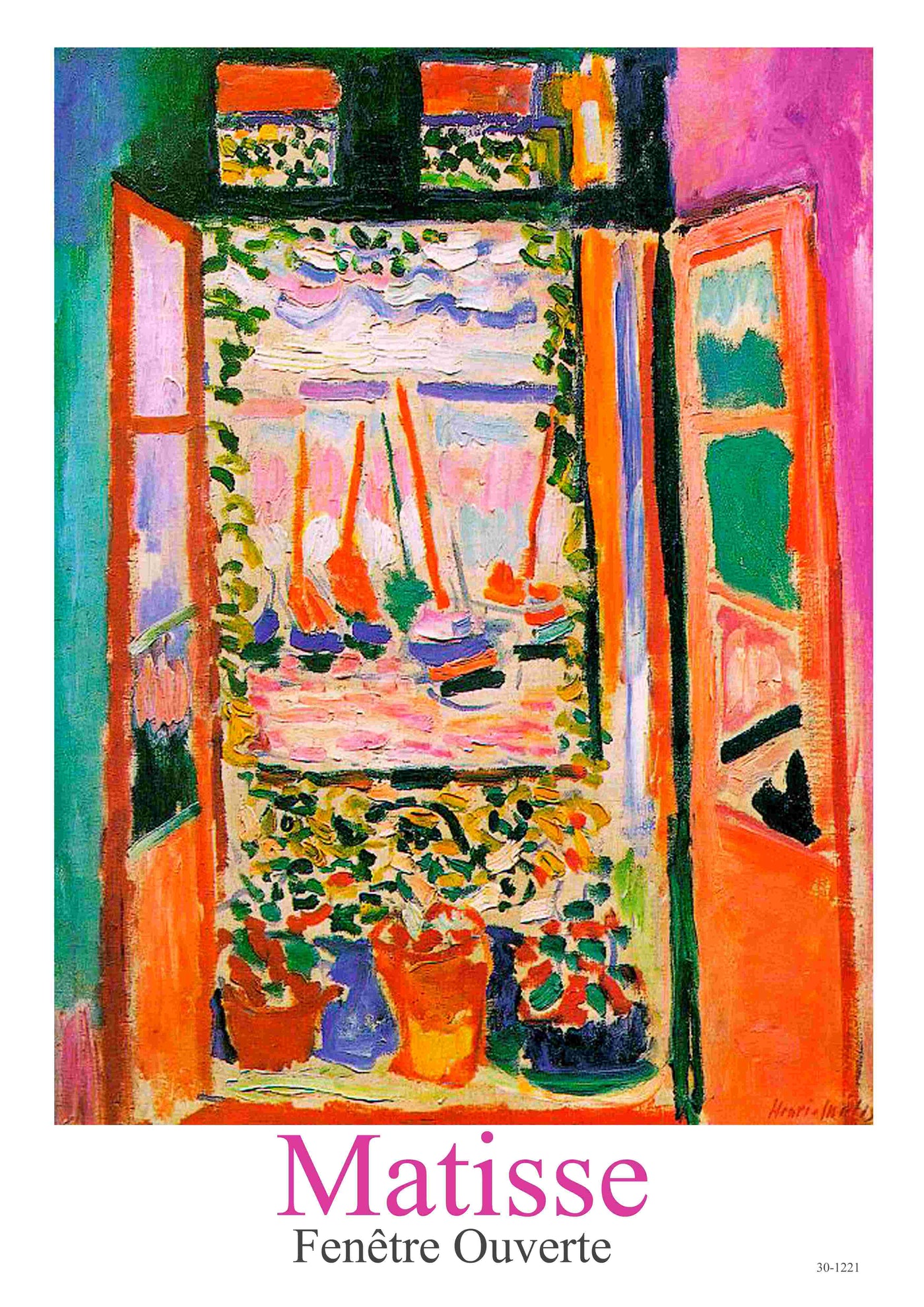 The A3 "Fenetre Ouverte by Henri Matisse" poster features a vibrant open window scene with orange and pink walls, green plants, and sailboats. Printed on satin paper with the text: "Matisse Fenêtre Ouverte.