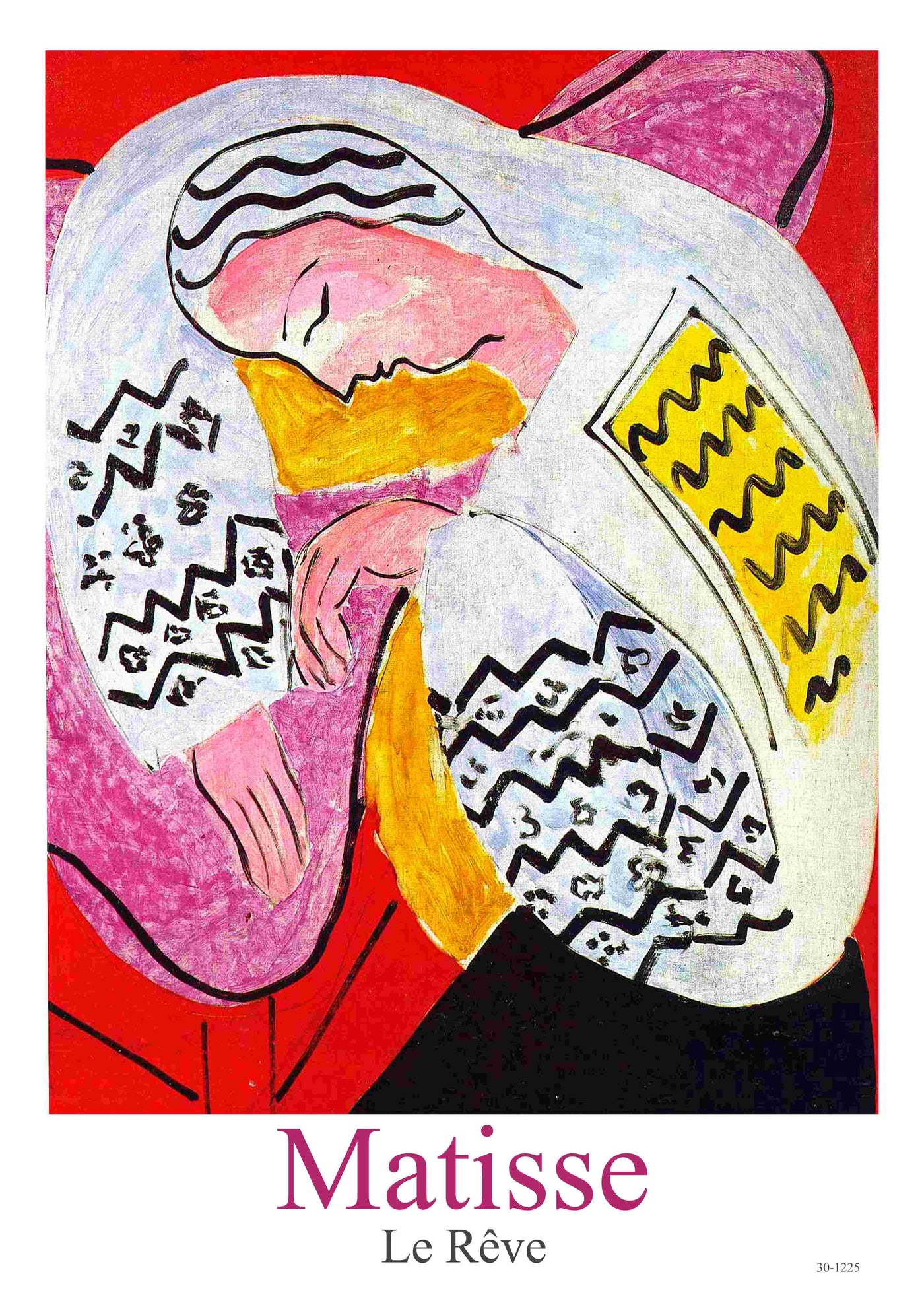 Le Reve by Henri Matisse – a vibrant classic art poster from A3, featuring a reclining figure in a white blouse on a pink cushion, set against red. Printed as A3 posters on premium 250gsm satin paper.