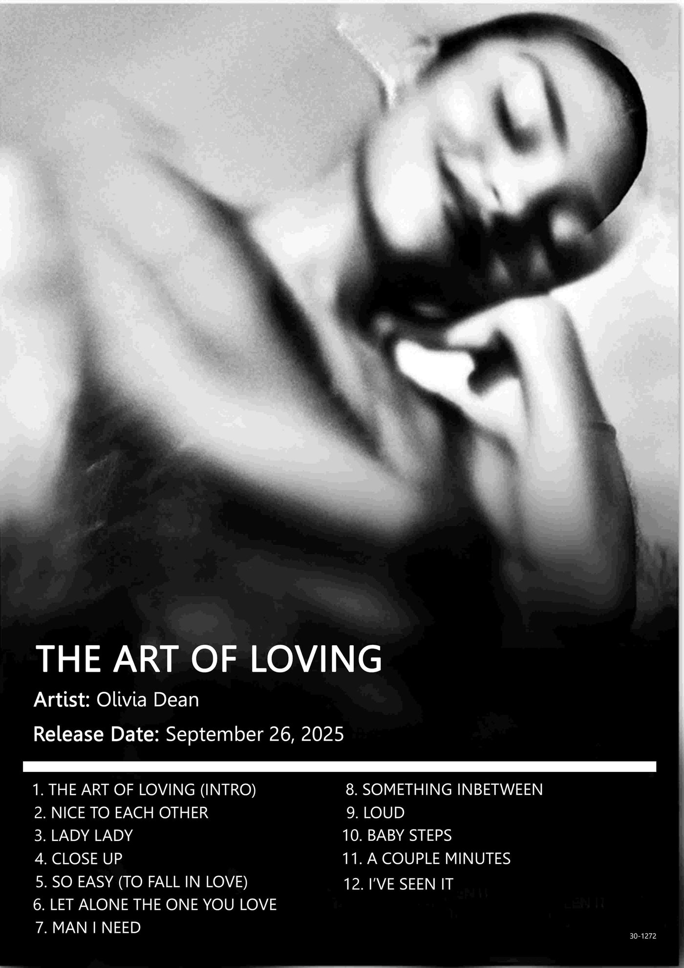 A black and white Olivia Dean – The Art of Loving poster by Blue Dog Posters shows her resting her head on her hand, with a twelve-song tracklist and September 26, 2025 release. Printed on satin paper, perfect for A3 size.