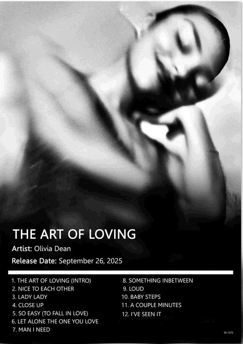 A black and white Olivia Dean – The Art of Loving poster by Blue Dog Posters shows her resting her head on her hand, with a twelve-song tracklist and September 26, 2025 release. Printed on satin paper, perfect for A3 size.