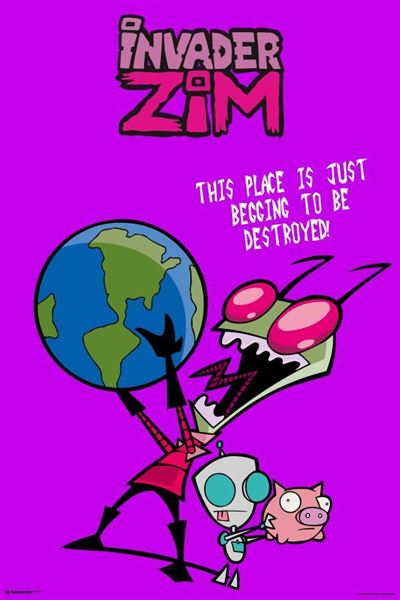 Bright purple "Invader Zim - The World" poster by MTV 114 featuring Zim holding a globe and exclaiming, "This place is just begging to be destroyed!" Next to him is GIR, holding a piggy. The title "Invader Zim" appears at the top; perfect for any Movies TV Collection.