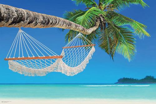 A white hammock from the NAT 008 Beach - Hammock collection hangs from a leaning palm tree overlooking a serene, turquoise ocean under a clear blue sky. The tree's lush green leaves provide shade to the hammock, and a distant island is visible on the horizon. This Nature Poster captures the essence of tropical paradise in our Scenic Collection.