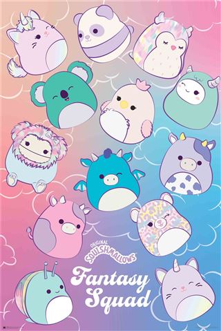 A colorful Kids TV poster features 12 Squishmallows - Fantasy, each with unique designs and fantasy-themed features like horns, unicorn manes, and wings. Arranged on a pastel cloud background, this vibrant addition to our Movies & TV Collection reads "Original Squishmallows - Fantasy Squad by KID 005" at the bottom.