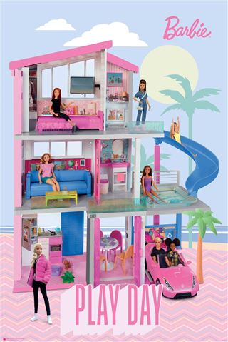 A colorful playset depicting a three-story Barbie Kids - Treehouse illustrated like a kids movie poster. The treehouse has various furnished rooms and a blue slide. Several Barbie dolls are posed inside and around the treehouse, with one driving a pink convertible car. The background features tropical palm tree graphics. The text "KID 035" is at the bottom.