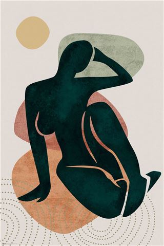 The "Matisse Style - Lady on Rocks" by ART 023 features abstract artwork with a dark green human-like silhouette seated with one arm resting on a raised knee. This Modern Art Poster presents overlapping organic shapes in muted green, pink, and orange, complemented by circular dotted patterns and a tan circle at the top left. It is printed on premium gloss paper.