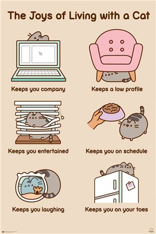 The ALT 030 "Pusheen The Joys of Living with a Cat" illustration features a cartoon cat in six scenes: on a laptop, under a chair, in blinds, with a food dish, inside a box, and on a fridge. It's printed on premium gloss paper for vibrant colors and lasting joy.