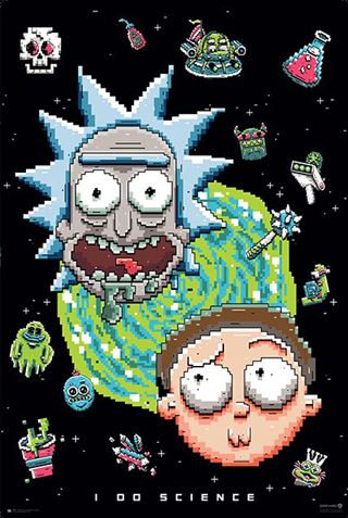 Pixel art of cartoon characters with expressive faces in space, surrounded by aliens, planets, and gadgets. The scene mimics a TV show poster and features the text "I DO SCIENCE" at the bottom. A swirling green and yellow portal is in the background. Product: Rick and Morty - I Do Science by MTV 210.