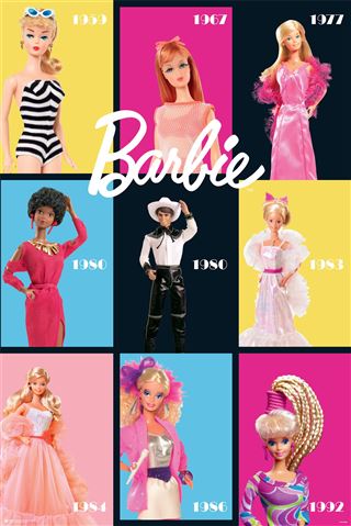 The KID 019 "Barbie Retro - Barbie Legends" collection showcases a vibrant collage of various Barbie dolls from different years arranged in a grid. The years—1959, 1967, 1977, 1980, 1980, 1984, 1986, and 1992—are displayed next to the dolls. "Barbie" is prominently written in large white script text at the center of this colorful children's collection.