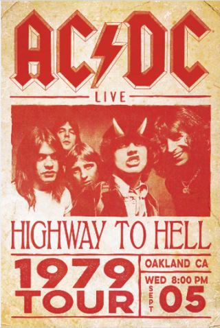 MUS 320’s AC/DC - Highway to Hell vintage rock poster features a band photo, bold red title, and Sept. 5 Oakland concert details—ideal for collectors or fans of large regular posters.