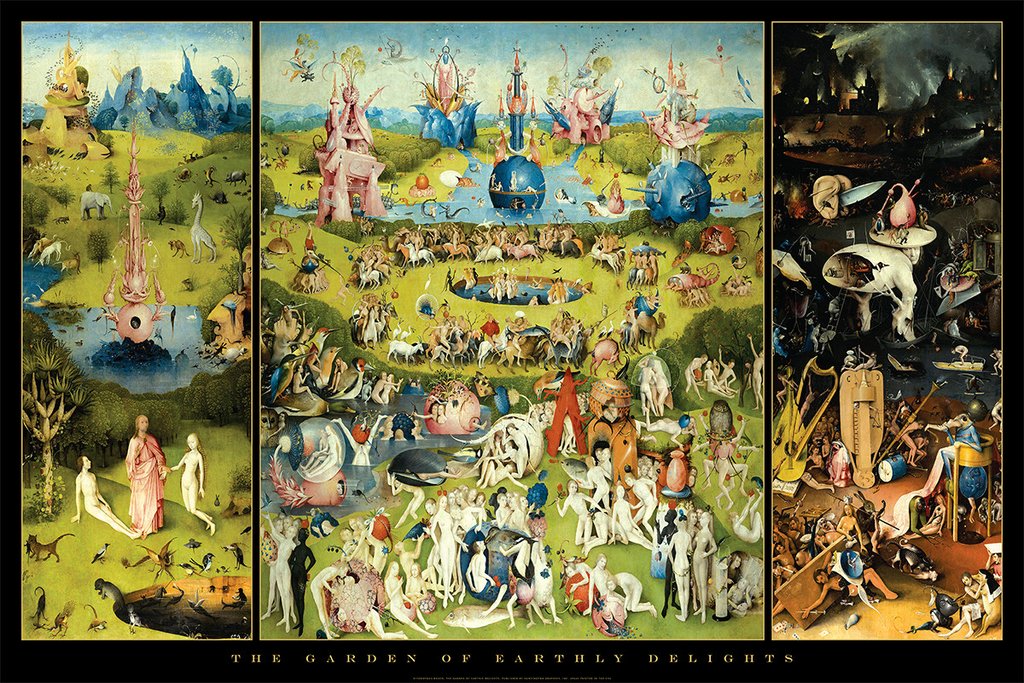 The ART 105 "Hieronymus Bosch - Garden of Earthly Delights" features a triptych with paradise on the left, earthly pleasures at center, and surreal scenes of hell on the right, all in Bosch’s fantastical style.