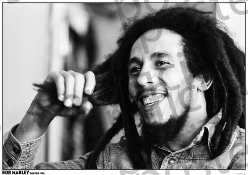 A black and white photo of Bob Marley with long dreadlocks and a beard, smiling while holding one of his locks. He is wearing a denim jacket. The overlay text in the image reads "Bob Marley, London 1976" multiple times. This stunning piece, printed on premium 150gsm gloss paper, would be a fantastic addition to any music collection. Don't miss out on owning this exclusive item from the MUS 339 brand's Bob Marley - 1978 series!