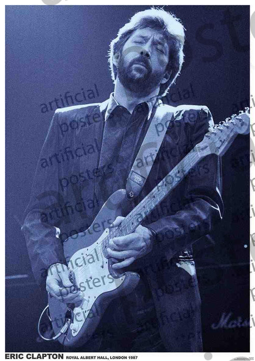A man with a beard and mustache is playing an electric guitar on stage, his eyes closed as he is completely absorbed in the music. The text "ERIC CLAPTON" and "ROYAL ALBERT HALL, LONDON 1987" adorns the bottom of this MUS 284 rock poster titled "Eric Clapton - London 1987," making it a perfect addition to any music collection.