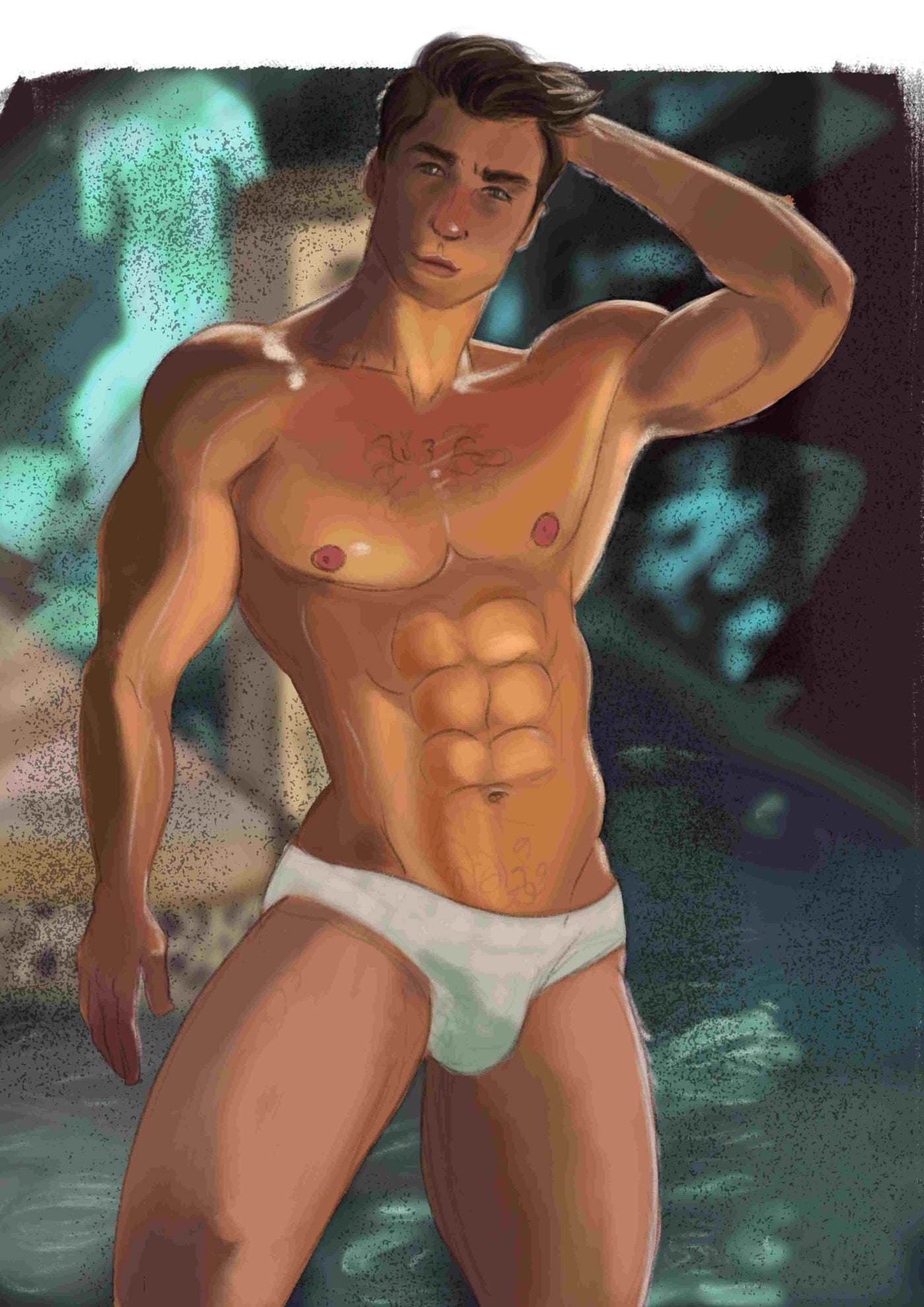 A muscular man with short brown hair poses poolside in white briefs, styled in aqua and teal tones. "Adonis by Miles Illustrated" from Blue Dog Posters is part of the Featured Artists Collection and printed in a signature illustrated style.