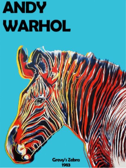 Elevate your space with the Andy Warhol Zebra 30x40cm Mini Poster by Blue Dog Posters. This vibrant art piece features a striking zebra against a vivid blue background, adorned with bold, colorful stripes in shades of red, yellow, blue, and white. The name "ANDY WARHOL" graces the top while "Grevy's Zebra 1983" is elegantly displayed at the bottom. Perfect for fans of mini posters and digital laser printing enthusiasts alike.