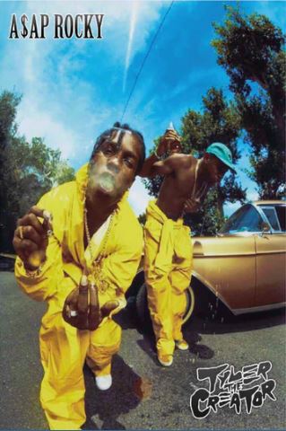 A$AP Rocky and Tyler, The Creator pose in bright yellow by a vintage car on this sunny day. This MUS 219 Rap Poster is perfect for your music collection and features both artists’ names.