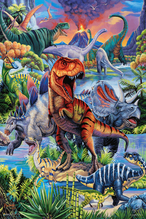 Part of our science-themed poster collection, "Dinosaurs by Jenny Newland" from brand EDU 029 features a vibrant illustration of various dinosaurs in a prehistoric landscape. At the center stands a prominently roaring T. rex, surrounded by a Stegosaurus, Triceratops, Ankylosaurus, Brachiosaurus, and more, with an erupting volcano in the background.