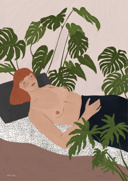 An illustrated red-haired woman reclines topless on a bed with a dark blanket, surrounded by monstera plants against a light pink background. This calm scene is Monstera by Chloe Joyce from Blue Dog Posters.