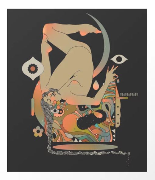 BDRM by Cassidy Rae Marietta, available from GAP, features an abstract depiction of a nude figure with long, flowing hair surrounded by colorful geometric shapes and patterns. The figure is shown upside-down with one leg bent. Stylized elements such as an eye, teardrop, and crescent moon are seamlessly integrated into the design, making it ideal for an archival paper Art Print.