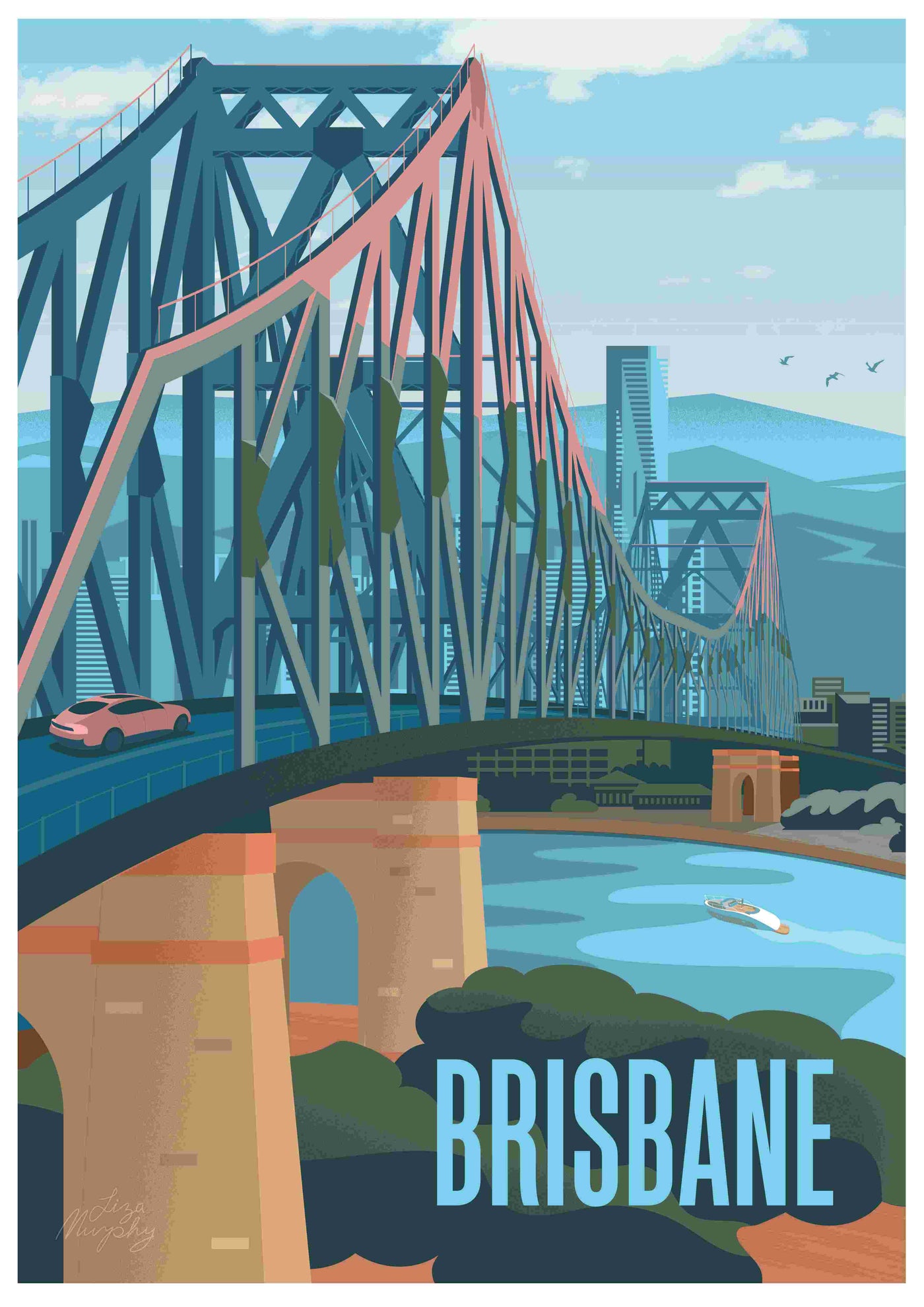 The art print "Brisbane by Liza Murphy" from fap features a digital illustration of Brisbane, showcasing the iconic Story Bridge spanning the Brisbane River. A cityscape with modern buildings forms the backdrop, while a small boat floats on the river. The word "BRISBANE" is written in bold letters at the bottom of this print, which is created on high quality 250gsm Satin paper.