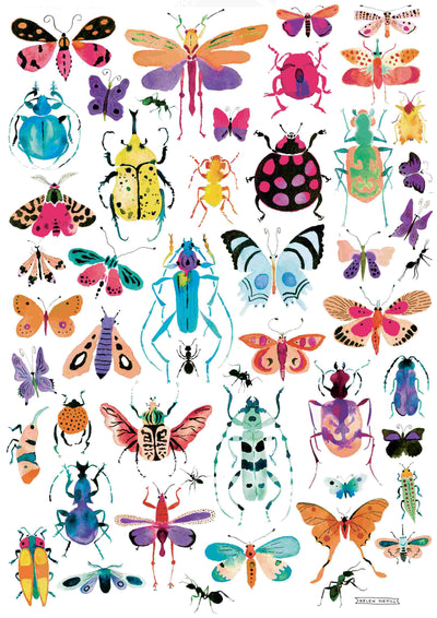 Bright Bugs" by Helen Nehill from Blue Dog Posters features a vivid depiction of insects like beetles, butterflies, moths, and ants in pink, blue, purple, and yellow against a white backdrop.