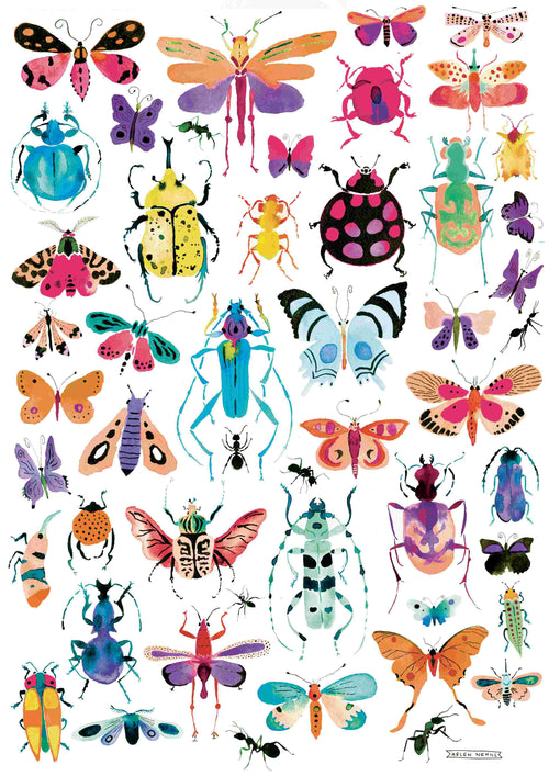Bright Bugs" by Helen Nehill from Blue Dog Posters features a vivid depiction of insects like beetles, butterflies, moths, and ants in pink, blue, purple, and yellow against a white backdrop.