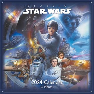 The "Star Wars: Classic - 2024 Square Wall Calendar" by Blue Dog Posters features timeless Star Wars characters and scenes, making it an ideal stationery gift. The cover displays iconic figures such as Luke Skywalker, Princess Leia, Han Solo, Yoda, and the robots C-3PO and R2-D2 set against vibrant space and battle scenes. This 16-month calendar is crafted on premium 180gsm gloss paper for a high-quality finish.